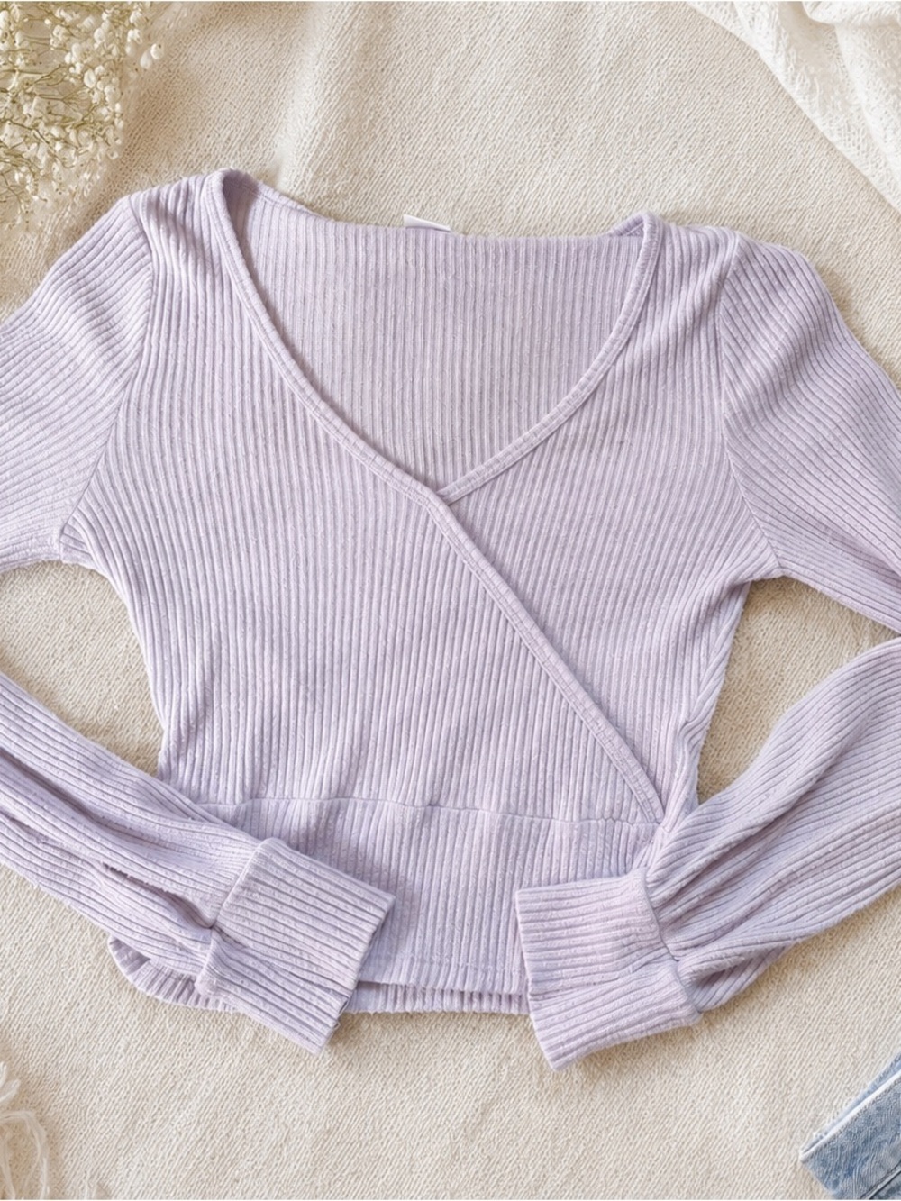 Hollister Light Lavender Ribbed Wrap-Front look Long Sleeve Top